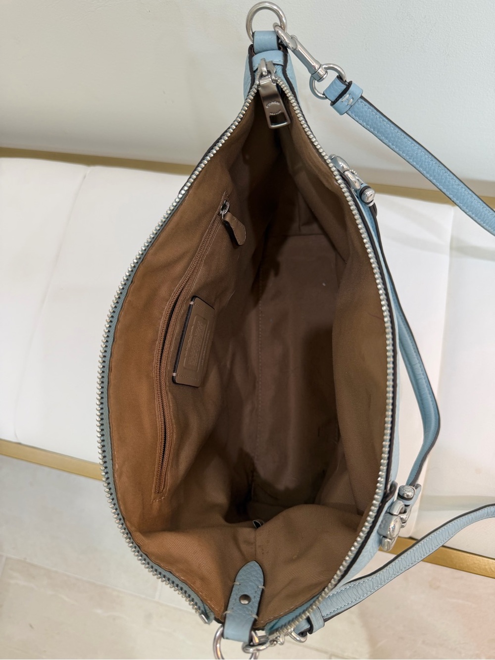Coach Kacey Satchel. Pebbled Leather Tote Bag in Light Blue - Picture 6 of 7